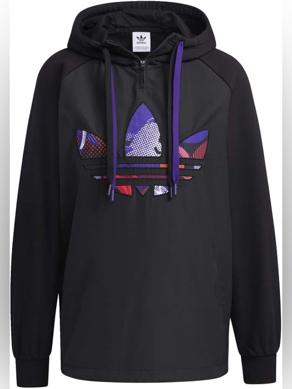 🖤 NEW 🖤 Adidas Black Hoodie with Purple and Red Trefoil Graphics Size XS 🖤